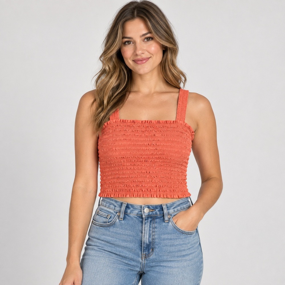 Ariat Womens Large Smocked Tank Top Coral Orange Ruffle Y2k Western Coastal Boho